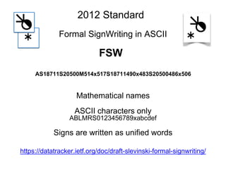 AS18711S20500M514x517S18711490x483S20500486x506
Formal SignWriting in ASCII
FSW
https://datatracker.ietf.org/doc/draft-sle...