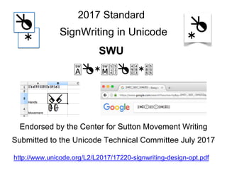 SignWriting in Unicode
SWU
Endorsed by the Center for Sutton Movement Writing
Submitted to the Unicode Technical Committee...