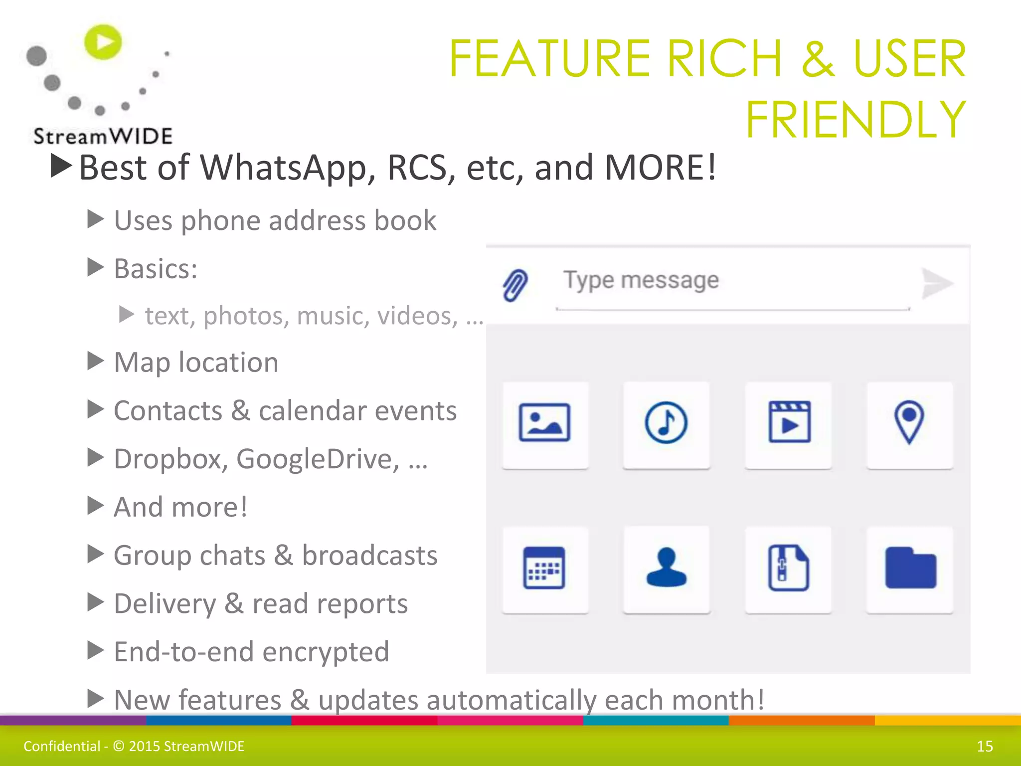 Confidential - © 2015 StreamWIDE
Best of WhatsApp, RCS, etc, and MORE!
Uses phone address book
Basics:
 text, photos, music, videos, …
Map location
Contacts & calendar events
Dropbox, GoogleDrive, …
And more!
Group chats & broadcasts
Delivery & read reports
End-to-end encrypted
New features & updates automatically each month!
FEATURE RICH & USER
FRIENDLY
15
 