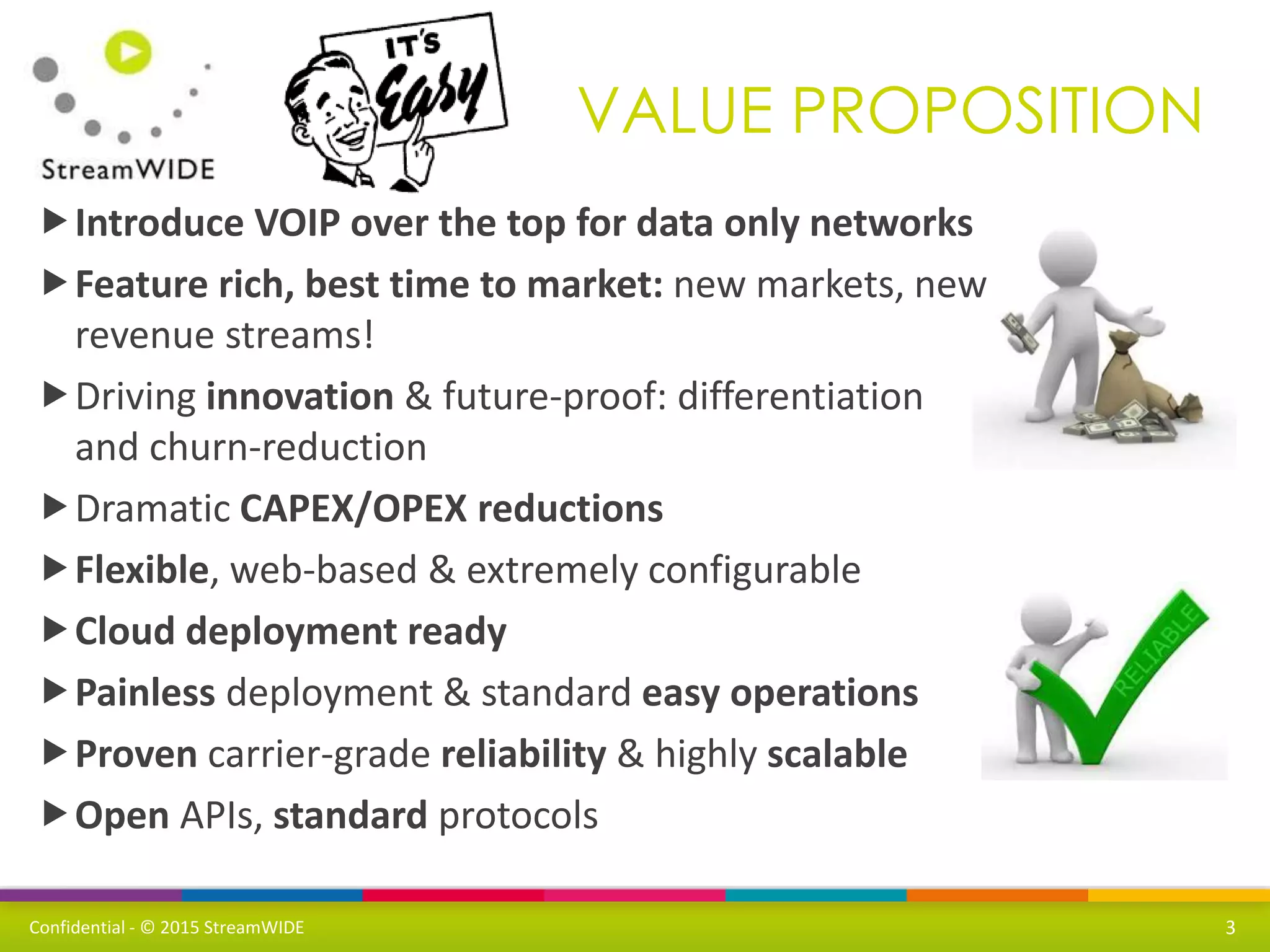 Confidential - © 2015 StreamWIDE
VALUE PROPOSITION
3
Introduce VOIP over the top for data only networks
Feature rich, best time to market: new markets, new
revenue streams!
Driving innovation & future-proof: differentiation
and churn-reduction
Dramatic CAPEX/OPEX reductions
Flexible, web-based & extremely configurable
Cloud deployment ready
Painless deployment & standard easy operations
Proven carrier-grade reliability & highly scalable
Open APIs, standard protocols
 