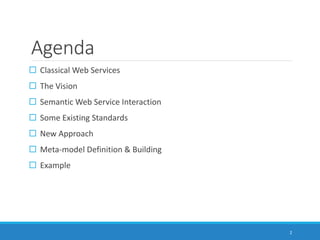 Agenda
 Classical Web Services
 The Vision
 Semantic Web Service Interaction
 Some Existing Standards
 New Approach
 Meta-model Definition & Building
 Example
2
 