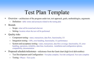 Test Plan Template Overview -  architecture of the program under test, test approach, goals, methodologies, arguments Definition -  table: terms and acronyms related to the testing plan Bounds Scope-  what will be tested and what not   Setting-  location where the test will be performed Quality risks Component testing -  states, transactions, data flow, functionality, UI Integration testing -  APIs, error handling, functionality, UI, performance System and acceptance testing -  states, transactions, data flow coverage, functionality, UI, error handling, operations, reliability, date/time, localization,  installation and configuration options, compatibility, documentation Proposed schedule/milestones -  milestones from the Gantt chart (high level deliverables) Test Development and Configuration -  Test plan complete, Test lab configured, Test suite complete Testing -  Phases  -  Test cycles 
