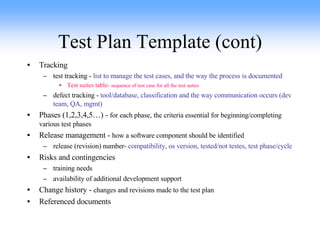 Test Plan Template (cont) Tracking test tracking -  list to manage the test cases, and the way the process is documented Test suites table-  sequence of test case for all the test suites defect tracking -  tool/database, classification and the way communication occurs (dev team, QA, mgmt) Phases (1,2,3,4,5…) -  for each phase, the criteria essential for beginning/completing various test phases Release management -  how a software component should be identified release (revision) number-  compatibility, os version, tested/not testes, test phase/cycle Risks and contingencies training needs availability of additional development support Change history -  changes and revisions made to the test plan Referenced documents 