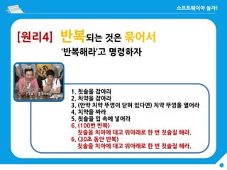 [원리4] 반복되는 것은 묶어서
‘반복해라’고 명령하자
1. 칫솔을 잡아라
2. 치약을 잡아라
3. (만약 치약 뚜껑이 닫혀 있다면) 치약 뚜껑을 열어라
4. 치약을 짜라
5. 칫솔을 입 속에 넣어라
6. (100번 반복)
칫솔을 치아에 대고 위아래로 한 번 칫솔질 해라.
6. (30초 동안 반복)
칫솔을 치아에 대고 위아래로 한 번 칫솔질 해라.
 