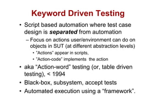 Keyword Driven Testing
      y                  g
• Script based automation where test case
  design is
  d i i separated f
                  t d from automation
                             t    ti
  – Focus on actions user/environment can do on
    objects in SUT (at different abstraction levels)
     • ”Actions” appear in scripts,
                  pp           p
     • ”Action-code” implements the action
• aka “Action-word” testing (or table driven
        Action-word         (or,
  testing), < 1994
• Black-box, subsystem, accept tests
• Automated execution using a “framework”.
                                 framework .
 