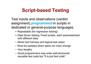 Script-based
       Script based Testing
Test inputs and observations (verdict
assignment) programmed in scripts in
    g       )p g                 p
dedicated or general-purpose languages.
  + Repeatable (for regression testing)
  + Data driven testing: Fixed scripts, each parameterized
    with different data
         d e e da a
  – Mixes test harness and logical test cases
  – Must be updated when specs (or impl) change
  – Very lengthy
  – Good programmers may write well-structured
                                     well structured
    reusable test code but ”it is just test code”
 