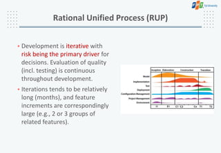 • Development is iterative with
risk being the primary driver for
decisions. Evaluation of quality
(incl. testing) is continuous
throughout development.
• Iterations tends to be relatively
long (months), and feature
increments are correspondingly
large (e.g., 2 or 3 groups of
related features).
Rational Unified Process (RUP)
 
