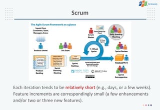 Scrum
Each iteration tends to be relatively short (e.g., days, or a few weeks).
Feature increments are correspondingly small (a few enhancements
and/or two or three new features).
 