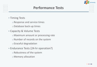 Performance Tests
• Timing Tests
oResponse and service times
oDatabase back-up times
• Capacity & Volume Tests
oMaximum amount or processing rate
oNumber of records on the system
oGraceful degradation
• Endurance Tests (24-hr operation?)
oRobustness of the system
oMemory allocation
 