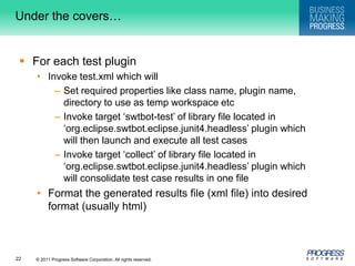 Under the covers…For each test pluginInvoke test.xml which willSet required properties like class name, plugin name, directory to use as temp workspace etcInvoke target ‘swtbot-test’ of library file located in ‘org.eclipse.swtbot.eclipse.junit4.headless’ plugin which will then launch and execute all test casesInvoke target ‘collect’ of library file located in ‘org.eclipse.swtbot.eclipse.junit4.headless’ plugin which will consolidate test case results in one fileFormat the generated results file (xml file) into desired format (usually html)