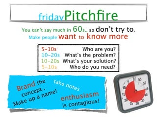 fridayPitchﬁre
                    60s.. so don’t try to.
  You can’t say much in
     Make people want to know more

    ...