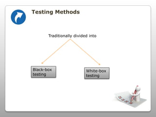 Testing Methods
Traditionally divided into
Black-box
testing
White-box
testing
 