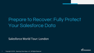 11 Copyright © 2018 – Spanning Cloud Apps, LLC. All Rights Reserved
Prepare to Recover: Fully Protect
Your Salesforce Data
Salesforce World Tour: London
 