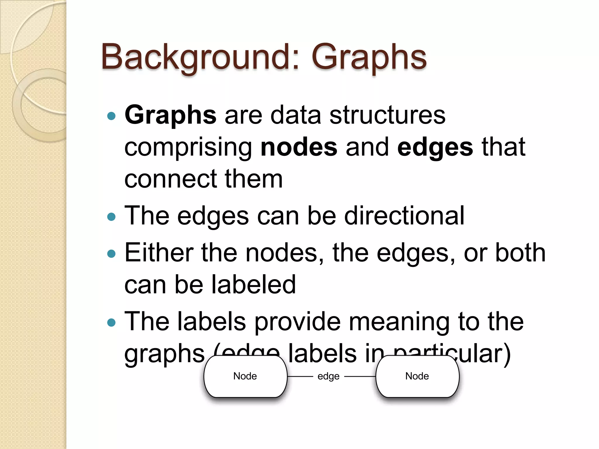 Background: Graphs
 Graphs are data structures
comprising nodes and edges that
connect them
 The edges can be directional
 Either the nodes, the edges, or both
can be labeled
 The labels provide meaning to the
graphs (edge labels in particular)
Node Nodeedge
 
