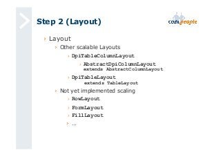 Step 2 (Layout) 
› Layout 
› Other scalable Layouts 
› DpiTableColumnLayout 
› AbstractDpiColumnLayout 
extends AbstractColumnLayout 
› DpiTableLayout 
extends TableLayout 
› Not yet implemented scaling 
› RowLayout 
› FormLayout 
› FillLayout 
› … 
 