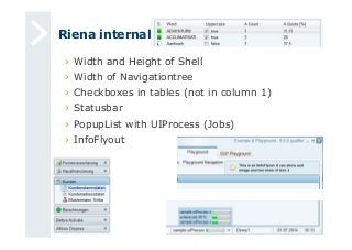 Riena internal 
› Width and Height of Shell 
› Width of Navigationtree 
› Checkboxes in tables (not in column 1) 
› Statusbar 
› PopupList with UIProcess (Jobs) 
› InfoFlyout 
 