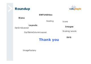 Roundup 
SWTUtilities 
Riena 
Scaling 
Layouts 
Icons 
DpiGridLayout Images 
Scaling Levels 
SVG 
DpiTableColumnLayout 
ImageFactory 
Thank you 
