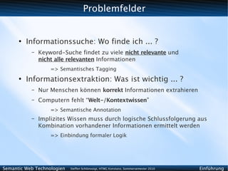 Problemfelder


      ●
          Informationssuche: Wo finde ich ... ?
           –   Keyword-Suche findet zu viele nicht relevante und
               nicht alle relevanten Informationen
                   => Semantisches Tagging
      ●
          Informationsextraktion: Was ist wichtig ... ?
           –   Nur Menschen können korrekt Informationen extrahieren
           –   Computern fehlt “Welt-/Kontextwissen”
                   => Semantische Annotation
           –   Implizites Wissen muss durch logische Schlussfolgerung aus
               Kombination vorhandener Informationen ermittelt werden
                   => Einbindung formaler Logik




Semantic Web Technologien   Steffen Schlönvoigt, HTWG Konstanz, Sommersemester 2010   Einführung
 