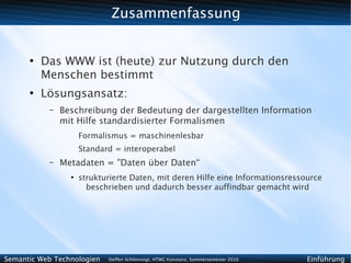 Zusammenfassung


      ●
          Das WWW ist (heute) zur Nutzung durch den
          Menschen bestimmt
      ●
          Lösungsansatz:
           –   Beschreibung der Bedeutung der dargestellten Information
               mit Hilfe standardisierter Formalismen
                     Formalismus = maschinenlesbar
                     Standard = interoperabel
           –   Metadaten = "Daten über Daten“
                 ●
                     strukturierte Daten, mit deren Hilfe eine Informationsressource
                       beschrieben und dadurch besser auffindbar gemacht wird




Semantic Web Technologien   Steffen Schlönvoigt, HTWG Konstanz, Sommersemester 2010   Einführung
 