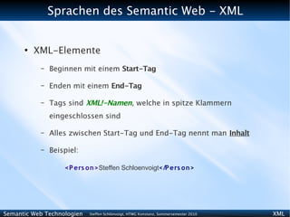 Sprachen des Semantic Web - XML


      ●
          XML-Elemente
           –   Beginnen mit einem Start-Tag

           –   Enden mit einem End-Tag

           –   Tags sind XML!-Namen, welche in spitze Klammern
               eingeschlossen sind

           –   Alles zwischen Start-Tag und End-Tag nennt man Inhalt

           –   Beispiel:

                   <P ers o n>Steffen Schloenvoigt</P ers o n>




Semantic Web Technologien   Steffen Schlönvoigt, HTWG Konstanz, Sommersemester 2010   XML
 