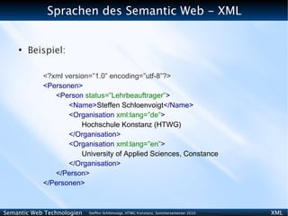 Sprachen des Semantic Web - XML


    ●
        Beispiel:

            <?xml version=”1.0” encoding=”utf-8”?>
            <Personen>
               <Person status=”Lehrbeauftrager”>
                   <Name>Steffen Schloenvoigt</Name>
                   <Organisation xml:lang=”de”>
                       Hochschule Konstanz (HTWG)
                   </Organisation>
                   <Organisation xml:lang=”en”>
                       University of Applied Sciences, Constance
                   </Organisation>
               </Person>
            </Personen>



Semantic Web Technologien   Steffen Schlönvoigt, HTWG Konstanz, Sommersemester 2010   XML
 