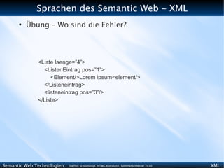 Sprachen des Semantic Web - XML
      ●
          Übung – Wo sind die Fehler?




              <Liste laenge=”4”>
                <ListenEintrag pos=”1”>
                   <Element/>Lorem ipsum<element/>
                </Listeneintrag>
                <listeneintrag pos=”3”/>
              </Liste>




Semantic Web Technologien   Steffen Schlönvoigt, HTWG Konstanz, Sommersemester 2010   XML
 