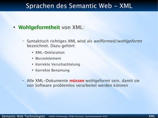 Sprachen des Semantic Web - XML


      ●
          Wohlgeformtheit von XML:

           –   Syntaktisch richtiges XML wird als wellformed/wohlgeformt
               bezeichnet. Dazu gehört:
                 ●
                     XML-Deklaration
                 ●
                     Wurzelelement
                 ●
                     Korrekte Verschachtelung
                 ●
                     Korrekte Benamung

           –   Alle XML-Dokumente müssen wohlgeformt sein, damit sie
               von Software problemlos verarbeitet werden können




Semantic Web Technologien   Steffen Schlönvoigt, HTWG Konstanz, Sommersemester 2010   XML
 