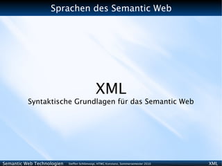 Sprachen des Semantic Web




                                              XML
          Syntaktische Grundlagen für das Semantic Web




Semantic Web Technologien   Steffen Schlönvoigt, HTWG Konstanz, Sommersemester 2010   XML
 