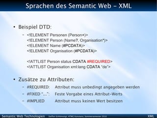 Sprachen des Semantic Web - XML


      ●
          Beispiel DTD:
           –   <!ELEMENT Personen (Person+)>
               <!ELEMENT Person (Name?, Organisation*)>
               <!ELEMENT Name (#PCDATA)>
               <!ELEMENT Organisation (#PCDATA)>

               <!ATTLIST Person status CDATA #REQUIRED>
               <!ATTLIST Organisation xml:lang CDATA “de”>

      ●
          Zusätze zu Attributen:
           –   #REQUIRED:         Attribut muss unbedingt angegeben werden
           –   #FIXED “...”:      Feste Vorgabe eines Attribut-Werts
           –   #IMPLIED           Attribut muss keinen Wert besitzen


Semantic Web Technologien   Steffen Schlönvoigt, HTWG Konstanz, Sommersemester 2010   XML
 