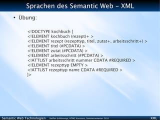 Sprachen des Semantic Web - XML
      ●
          Übung:

              <!DOCTYPE kochbuch [
              <!ELEMENT kochbuch (rezept)+ >
              <!ELEMENT rezept (rezepttyp, titel, zutat+, arbeitsschritt+) >
              <!ELEMENT titel (#PCDATA) >
              <!ELEMENT zutat (#PCDATA) >
              <!ELEMENT arbeitsschritt (#PCDATA) >
              <!ATTLIST arbeitsschritt nummer CDATA #REQUIRED >
              <!ELEMENT rezepttyp EMPTY >
              <!ATTLIST rezepttyp name CDATA #REQUIRED >
              ]>




Semantic Web Technologien   Steffen Schlönvoigt, HTWG Konstanz, Sommersemester 2010   XML
 