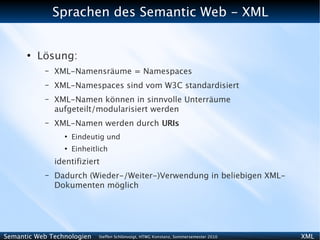 Sprachen des Semantic Web - XML


      ●
          Lösung:
           –   XML-Namensräume = Namespaces
           –   XML-Namespaces sind vom W3C standardisiert
           –   XML-Namen können in sinnvolle Unterräume
               aufgeteilt/modularisiert werden
           –   XML-Namen werden durch URIs
                 ●
                     Eindeutig und
                 ●
                     Einheitlich
               identifiziert
           –   Dadurch (Wieder-/Weiter-)Verwendung in beliebigen XML-
               Dokumenten möglich




Semantic Web Technologien    Steffen Schlönvoigt, HTWG Konstanz, Sommersemester 2010   XML
 
