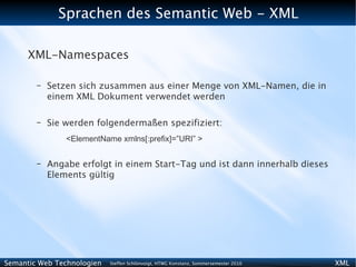 Sprachen des Semantic Web - XML

      XML-Namespaces

        –   Setzen sich zusammen aus einer Menge von XML-Namen, die in
            einem XML Dokument verwendet werden

        –   Sie werden folgendermaßen spezifiziert:
                <ElementName xmlns[:prefix]=”URI” >


        –   Angabe erfolgt in einem Start-Tag und ist dann innerhalb dieses
            Elements gültig




Semantic Web Technologien   Steffen Schlönvoigt, HTWG Konstanz, Sommersemester 2010   XML
 