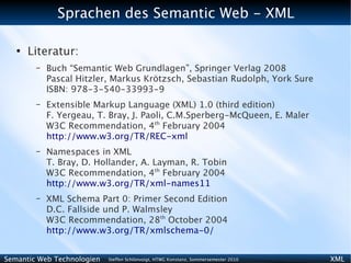 Sprachen des Semantic Web - XML

   ●
       Literatur:
        –   Buch “Semantic Web Grundlagen”, Springer Verlag 2008
            Pascal Hitzler, Markus Krötzsch, Sebastian Rudolph, York Sure
            ISBN: 978-3-540-33993-9
        –   Extensible Markup Language (XML) 1.0 (third edition)
            F. Yergeau, T. Bray, J. Paoli, C.M.Sperberg-McQueen, E. Maler
            W3C Recommendation, 4th February 2004
            http://www.w3.org/TR/REC-xml
        –   Namespaces in XML
            T. Bray, D. Hollander, A. Layman, R. Tobin
            W3C Recommendation, 4th February 2004
            http://www.w3.org/TR/xml-names11
        –   XML Schema Part 0: Primer Second Edition
            D.C. Fallside und P. Walmsley
            W3C Recommendation, 28th October 2004
            http://www.w3.org/TR/xmlschema-0/


Semantic Web Technologien   Steffen Schlönvoigt, HTWG Konstanz, Sommersemester 2010   XML
 