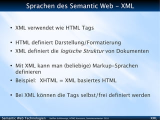 Sprachen des Semantic Web - XML


    ●
        XML verwendet wie HTML Tags

    ●
        HTML definiert Darstellung/Formatierung
    ●
        XML definiert die logische Struktur von Dokumenten

    ●
        Mit XML kann man (beliebige) Markup-Sprachen
        definieren
    ●
        Beispiel: XHTML = XML basiertes HTML

    ●
        Bei XML können die Tags selbst/frei definiert werden



Semantic Web Technologien   Steffen Schlönvoigt, HTWG Konstanz, Sommersemester 2010   XML
 