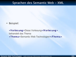 Sprachen des Semantic Web - XML




      ●
          Beispiel:

          <V o rles ung >Diese Vorlesung</V o rles ung >
          behandelt das Thema
          <T hem a >Semantic Web Technologien</T hem a >




Semantic Web Technologien   Steffen Schlönvoigt, HTWG Konstanz, Sommersemester 2010   XML
 