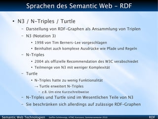 Sprachen des Semantic Web - RDF

      ●
          N3 / N-Triples / Turtle
           –   Darstellung von RDF-Graphen als Ansammlung von Triplen
           –   N3 (Notation 3)
                 ●
                     1998 von Tim Berners-Lee vorgeschlagen
                 ●
                     Beinhaltet auch komplexe Ausdrücke wie Pfade und Regeln
           –   N-Triples
                 ●
                     2004 als offizielle Recommendation des W3C verabschiedet
                 ●
                     Teilmenge von N3 mit weniger Komplexität
           –   Turtle
                 ●
                     N-Triples hatte zu wenig Funktionalität
                     → Turtle erweitert N-Triples
                        –   z.B. Um eine Kurzschreibweise
           –   N-Triples und Turtle sind im Wesentlichen Teile von N3
           –   Sie beschränken sich allerdings auf zulässige RDF-Graphen


Semantic Web Technologien       Steffen Schlönvoigt, HTWG Konstanz, Sommersemester 2010   RDF
 