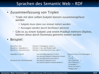 Sprachen des Semantic Web - RDF
     ●
         Zusammenfassung von Triplen
           –   Triple mit dem selben Subjekt können zusammengefasst
               werden
                 ●
                     Subjekt muss dann nur einmal notiert werden
                 ●
                     Aussagen werden durch Semikolon getrennt
           –   Gibt es zu einem Subjekt und einem Prädikat mehrere Objekte,
               können diese durch Kommata getrennt notiert werden
     ●
         Beispiel:
         @prefix ex:          <http://example.org/>.
         @prefix vwmodell:    <http://vw.de/Modelle#> .
         @prefix hersteller:  <http://autohersteller.de/> .

         vwmodell:Golf                ex:wirdHergestelltVon                            hersteller:Volkswagen ;
                                      ex:anzahlModellGenerationen                      “6” ;
                                      ex:wirdProduziertSeit                            “1974” .
         hersteller:Volkswagen        ex:hatFirmensitzIn                               “Wolfsburg” ;
                                      ex:hatProduktionsstandort                        “Wolfsburg”,
                                                                                       ”Dresden”,
                                                                                       “Bratislava”,
                                                                                       “Pamplona” .

Semantic Web Technologien    Steffen Schlönvoigt, HTWG Konstanz, Sommersemester 2010                             RDF
 