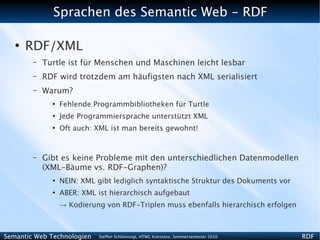 Sprachen des Semantic Web - RDF

   ●
       RDF/XML
        –   Turtle ist für Menschen und Maschinen leicht lesbar
        –   RDF wird trotzdem am häufigsten nach XML serialisiert
        –   Warum?
              ●
                  Fehlende Programmbibliotheken für Turtle
              ●
                  Jede Programmiersprache unterstützt XML
              ●
                  Oft auch: XML ist man bereits gewohnt!


        –   Gibt es keine Probleme mit den unterschiedlichen Datenmodellen
            (XML-Bäume vs. RDF-Graphen)?
              ●
                  NEIN: XML gibt lediglich syntaktische Struktur des Dokuments vor
              ●
                  ABER: XML ist hierarchisch aufgebaut
                  → Kodierung von RDF-Triplen muss ebenfalls hierarchisch erfolgen



Semantic Web Technologien   Steffen Schlönvoigt, HTWG Konstanz, Sommersemester 2010   RDF
 