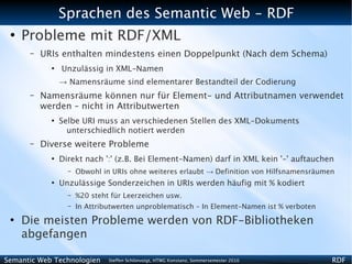 Sprachen des Semantic Web - RDF
 ●
     Probleme mit RDF/XML
      –   URIs enthalten mindestens einen Doppelpunkt (Nach dem Schema)
            ●
                Unzulässig in XML-Namen
                → Namensräume sind elementarer Bestandteil der Codierung
      –   Namensräume können nur für Element- und Attributnamen verwendet
          werden – nicht in Attributwerten
            ●
                Selbe URI muss an verschiedenen Stellen des XML-Dokuments
                  unterschiedlich notiert werden
      –   Diverse weitere Probleme
            ●
                Direkt nach ':' (z.B. Bei Element-Namen) darf in XML kein '-' auftauchen
                  –   Obwohl in URIs ohne weiteres erlaubt → Definition von Hilfsnamensräumen
            ●
                Unzulässige Sonderzeichen in URIs werden häufig mit % kodiert
                  –   %20 steht für Leerzeichen usw.
                  –   In Attributwerten unproblematisch – In Element-Namen ist % verboten
 ●
     Die meisten Probleme werden von RDF-Bibliotheken
     abgefangen

Semantic Web Technologien      Steffen Schlönvoigt, HTWG Konstanz, Sommersemester 2010      RDF
 