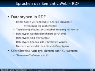 Sprachen des Semantic Web - RDF


      ●
          Datentypen in RDF
           –   Bisher haben wir “ungetypte” Literale verwendet
                   → Verwendung wie Zeichenketten
           –   Typisierung erlaubt semantischen Umgang mit Werten
           –   Datentypen werden identifiziert durch URIs
           –   Datentypen sind frei wählbar
           –   Datentypen können selbst bestimmt werden
           –   Meistens verwendet man die xsd-Datentypen
      ●
          Schreibweise von typisierten Attributwerten:
           –   “Datenwert”^^Datentyp-URI




Semantic Web Technologien   Steffen Schlönvoigt, HTWG Konstanz, Sommersemester 2010   RDF
 