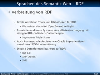 Sprachen des Semantic Web - RDF
      ●
          Verbreitung von RDF

           –   Große Anzahl an Tools und Bibliotheken für RDF
                 ●
                     Die meisten davon frei (Open Source) verfügbar
           –   Es existieren diverse Systeme zum effizienten Umgang mit
               riesigen RDF-codierten-Datenmengen
                 ●
                     Sogenannte Triple-Stores
           –   Auch kommerzielle Anbieter wie Oracle implementieren
               zunehmend RDF-Unterstützung
           –   Diverse Datenformate basieren auf RDF:
                 ●
                     RSS 1.0
                 ●
                     XMP (Adobe)
                 ●
                     SVG




Semantic Web Technologien      Steffen Schlönvoigt, HTWG Konstanz, Sommersemester 2010   RDF
 