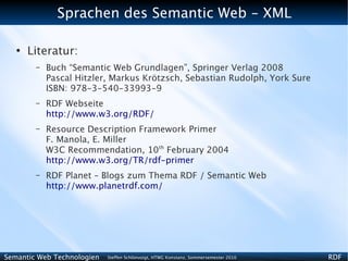 Sprachen des Semantic Web - XML

   ●
       Literatur:
        –   Buch “Semantic Web Grundlagen”, Springer Verlag 2008
            Pascal Hitzler, Markus Krötzsch, Sebastian Rudolph, York Sure
            ISBN: 978-3-540-33993-9
        –   RDF Webseite
            http://www.w3.org/RDF/
        –   Resource Description Framework Primer
            F. Manola, E. Miller
            W3C Recommendation, 10th February 2004
            http://www.w3.org/TR/rdf-primer
        –   RDF Planet – Blogs zum Thema RDF / Semantic Web
            http://www.planetrdf.com/




Semantic Web Technologien   Steffen Schlönvoigt, HTWG Konstanz, Sommersemester 2010   RDF
 
