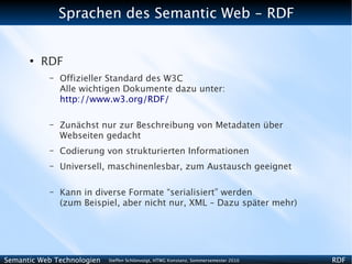 Sprachen des Semantic Web - RDF


      ●
          RDF
           –   Offizieller Standard des W3C
               Alle wichtigen Dokumente dazu unter:
               http://www.w3.org/RDF/

           –   Zunächst nur zur Beschreibung von Metadaten über
               Webseiten gedacht
           –   Codierung von strukturierten Informationen
           –   Universell, maschinenlesbar, zum Austausch geeignet

           –   Kann in diverse Formate “serialisiert” werden
               (zum Beispiel, aber nicht nur, XML – Dazu später mehr)




Semantic Web Technologien   Steffen Schlönvoigt, HTWG Konstanz, Sommersemester 2010   RDF
 