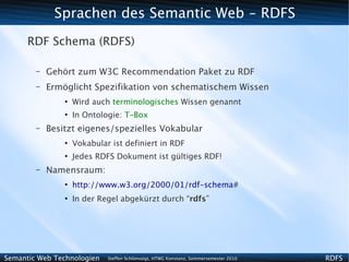 Sprachen des Semantic Web - RDFS
      RDF Schema (RDFS)

        –   Gehört zum W3C Recommendation Paket zu RDF
        –   Ermöglicht Spezifikation von schematischem Wissen
                ●
                    Wird auch terminologisches Wissen genannt
                ●
                    In Ontologie: T-Box
        –   Besitzt eigenes/spezielles Vokabular
                ●
                    Vokabular ist definiert in RDF
                ●
                    Jedes RDFS Dokument ist gültiges RDF!
        –   Namensraum:
                ●
                    http://www.w3.org/2000/01/rdf-schema#
                ●
                    In der Regel abgekürzt durch “rdfs”




Semantic Web Technologien    Steffen Schlönvoigt, HTWG Konstanz, Sommersemester 2010   RDFS
 