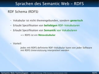 Sprachen des Semantic Web - RDFS
      RDF Schema (RDFS)

        –   Vokabular ist nicht themengebunden, sondern generisch
        –   Erlaubt Spezifikation von beliebigen RDF-Vokabularen
        –   Erlaubt Spezifikation von Semantik von Vokabularen
                  => RDFS ist ein Metavokabular


        –   Vorteil:
                  Jedes mit RDFS definierte RDF-Vokabular kann von jeder Software
                  mit RDFS Unterstützung interpretiert werden




Semantic Web Technologien   Steffen Schlönvoigt, HTWG Konstanz, Sommersemester 2010   RDFS
 