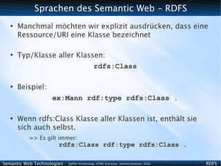 Sprachen des Semantic Web - RDFS
   ●
       Manchmal möchten wir explizit ausdrücken, dass eine
       Ressource/URI eine Klasse bezeichnet

   ●
       Typ/Klasse aller Klassen:
                             rdfs:Class

   ●
       Beispiel:
                    ex:Mann rdf:type rdfs:Class .

   ●
       Wenn rdfs:Class Klasse aller Klassen ist, enthält sie
       sich auch selbst.
          => Es gilt immer:
                       rdfs:Class rdf:type rdfs:Class .

Semantic Web Technologien   Steffen Schlönvoigt, HTWG Konstanz, Sommersemester 2010   RDFS
 