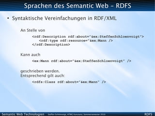 Sprachen des Semantic Web - RDFS
   ●
       Syntaktische Vereinfachungen in RDF/XML

          An Stelle von
                 <rdf:Description rdf:about=”&ex;SteffenSchloenvoigt”>
                    <rdf:type rdf:resource=”&ex;Mann />
                 </rdf:Description>

          Kann auch
                 <ex:Mann rdf:about=”&ex;SteffenSchloenvoigt” />

          geschrieben werden.
          Entsprechend gilt auch:
                 <rdfs:Class rdf:about=”&ex;Mann” />




Semantic Web Technologien   Steffen Schlönvoigt, HTWG Konstanz, Sommersemester 2010   RDFS
 