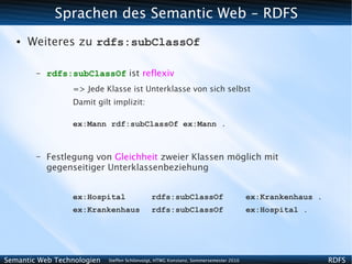 Sprachen des Semantic Web - RDFS
   ●   Weiteres zu rdfs:subClassOf

        –   rdfs:subClassOf ist reflexiv
                 => Jede Klasse ist Unterklasse von sich selbst
                 Damit gilt implizit:

                 ex:Mann rdf:subClassOf ex:Mann .



        –   Festlegung von Gleichheit zweier Klassen möglich mit
            gegenseitiger Unterklassenbeziehung


                 ex:Hospital                 rdfs:subClassOf                          ex:Krankenhaus .
                 ex:Krankenhaus              rdfs:subClassOf                          ex:Hospital .




Semantic Web Technologien   Steffen Schlönvoigt, HTWG Konstanz, Sommersemester 2010                      RDFS
 