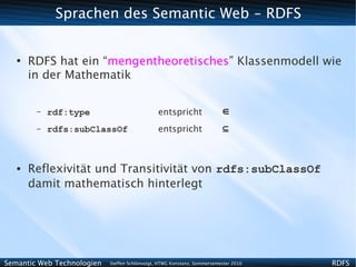 Sprachen des Semantic Web - RDFS


   ●
       RDFS hat ein “mengentheoretisches” Klassenmodell wie
       in der Mathematik


        –   rdf:type                            entspricht                ∊
        –   rdfs:subClassOf                     entspricht                ⊆



   ●   Reflexivität und Transitivität von rdfs:subClassOf
       damit mathematisch hinterlegt




Semantic Web Technologien   Steffen Schlönvoigt, HTWG Konstanz, Sommersemester 2010   RDFS
 