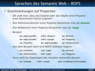 Sprachen des Semantic Web - RDFS
   ●
       Einschränkungen auf Properties
        –   Oft weiß man, dass das Subjekt oder das Objekt einer Property
            einer bestimmten Klasse angehört
        –   Den Definitionsbereich eines Property bezeichnet man als domain
        –   Den Bildbereich einer Property bezeichnet man als range
        –   Beispiel:
                    ex:employedAt            rdfs:domain                       ex:Person .
                    ex:employedAt            rdfs:range                        ex:Company .
                    ex:Steffen               ex:employedAt                     ex:TechniData .
        –   Aus dem Beispiel kann eine RDFS-Software folgern:
                ●   ex:Steffen               rdf:type                          ex:Person
                ●   ex:TechniData            rdf:type                          ex:Company
        –   Kann auch für Datentypen bei Literalen verwendet werden:
                ●   ex:hasAge          rdfs:range                       xsd:nonNegativeInteger


Semantic Web Technologien   Steffen Schlönvoigt, HTWG Konstanz, Sommersemester 2010              RDFS
 